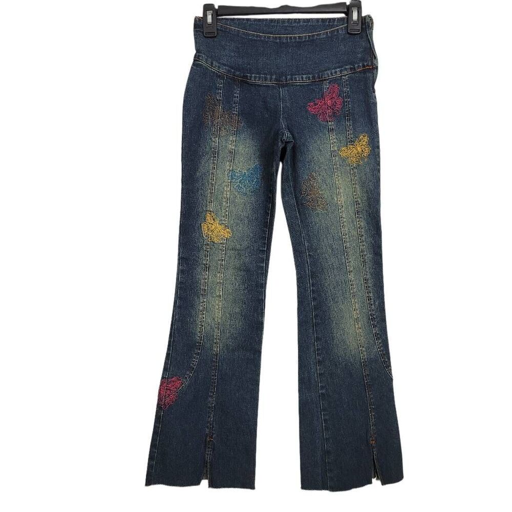 Vtg 90s Gasoline Embroidered Butterfly Jeans Sz 1/XS Boot Cut Low Rise Mid Wash‎